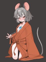 1girl alternate_costume animal_ears black_background blush breasts collarbone come_hither grey_hair highres kneeling mouse_ears mouse_tail nazrin necklace_in_mouth pnk_wonderful red_eyes red_ribbon red_robe ribbon robe short_hair small_breasts solo tail touhou undressing