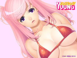 10s 1girl 2010 arms_behind_back bikini breasts cleavage collarbone dutch_angle female_focus ino_(magloid) large_breasts lipstick long_hair looking_at_viewer makeup men&#039;s_young micro_bikini open_mouth pink_hair purple_eyes shiny_clothes simple_background skindentation solo string_bikini swept_bangs swimsuit twintails underboob upper_body