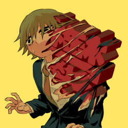 1boy absurdres avogado6 bags_under_eyes black_eyes blue_suit brown_hair brown_necktie collared_shirt formal_clothes highres lapels male_focus necktie open_mouth original shirt short_hair simple_background solo suit sweat symbolism torn_clothes torn_shirt torn_skin wide-eyed wing_collar yellow_background