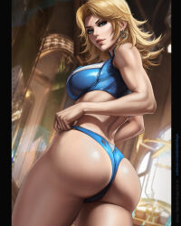 1girl adjusting_clothes adjusting_panties ass bare_arms blonde_hair blue_panties blue_sports_bra blurry blurry_background breasts cowboy_shot dandon_fuga earrings fantastic_four from_behind hair_intakes highres indoors jewelry large_breasts lips long_hair looking_at_viewer looking_back marvel marvel_rivals panties parted_lips pillarboxed solo sports_bra sue_storm thighs underwear