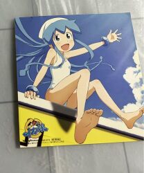 1girl album_cover artist_request bare_legs barefoot blue_eyes blue_hair blush book bracelet cover feet happy hat ikamusume jewelry official_art one-piece_swimsuit real_life shinryaku!_ikamusume sitting smile soles solo source_request squid squid_girl swimsuit tentacle_hair tentacles toes waving
