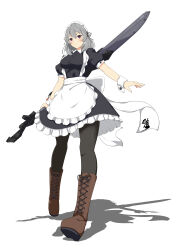 1girl absurdres apron artist_name assault_lily back_bow black_dress black_pantyhose black_ribbon blush boots bow breasts brown_boots buttons closed_mouth collared_dress commentary_request dress frilled_apron frills from_below grey_hair hair_between_eyes hair_ribbon hata_matsuri highres holding holding_sword holding_weapon knee_boots lace-up_boots looking_at_viewer maid maid_headdress medium_breasts medium_hair pantyhose puffy_short_sleeves puffy_sleeves purple_eyes ribbon senri_(senri03151221) shadow short_sleeves simple_background solo standing sword sword_behind_back waist_apron walking weapon white_apron white_background white_bow