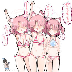 1boy 4girls :3 alternate_language animal_ears bikini blue_archive breasts cat_ears cat_girl chlorella_observation_club_member_(blue_archive) chlorella_observation_club_member_(swimsuit)_(blue_archive) choker cleavage closed_mouth commentary_request doodle_sensei_(blue_archive) extra_ears flat_chest front-tie_bikini_top front-tie_top hair_bobbles hair_ornament hair_over_eyes halo highres kikyou_(blue_archive) kikyou_(swimsuit)_(blue_archive) large_breasts loli multiple_girls navel nipples official_alternate_costume open_mouth pink_bikini pink_hair pink_halo sensei_(blue_archive) shiming_liangjing short_hair side-tie_bikini_bottom simple_background speech_bubble striped_bikini striped_clothes swimsuit translation_request two_side_up white_background white_choker