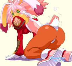 1girl all_fours animal_ears ass bug butterfly commentary_request insect leotard looking_at_viewer looking_back pantyhose pink_hair rabbit_ears rabbit_tail seraphita_(xenogears) smile solo sonomoto_shinzou_(natsume_kyouji) tail tail_wagging xenogears