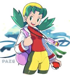1girl absurdres aqua_eyes aqua_hair bike_shorts breasts gen_2_pokemon happy highres holding holding_poke_ball jacket kris_(pokemon) legendary_pokemon looking_at_viewer nintendo pink_bag poke_ball pokegear pokemon pokemon_gsc red_shirt shirt short_twintails signature small_breasts standing suicune teeth tight_clothes twintails white_background white_jacket xdaze yellow_headwear yellow_legwear