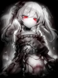 1boy 1girl blur_censor breasts censored closed_mouth clothes_lift doll_joints dress dress_lift eudie_(shadowverse) greyscale hat hetero highres joints kupa_(jesterwii) lifting_own_clothes long_hair long_sleeves looking_at_viewer mini_hat monochrome orchis penis puffy_long_sleeves puffy_sleeves pussy red_eyes sex shadowverse sideways_hat small_breasts spot_color twintails vaginal