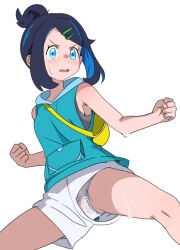 1girl backpack bag black_hair blue_eyes clenched_hands colored_inner_hair commentary_request eyelashes fighting_stance from_below hair_ornament hairclip hood hood_down hooded_vest hoodie knees legs_apart liko_(pokemon) multicolored_hair nintendo open_mouth panties panty_peek pokemon pokemon_(anime) pokemon_horizons pokopokopokotan shorts simple_background solo sweat teeth tongue underwear upper_teeth_only vest wet wet_clothes wet_panties white_background white_shorts yellow_bag