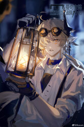 1boy absurdres black-framed_eyewear black_gloves black_horns black_tank_top blue_scarf buttons chinese_commentary clenched_teeth collared_shirt commentary_request commission cross cross_earrings cross_scar demon_horns earrings facial_scar gloves goggles goggles_on_head grey_hair hair_over_one_eye hallway highres holding holding_lantern horns indoors jewelry kuuus lantern looking_ahead male_focus night original pointy_ears round_eyewear sample_watermark scar scar_on_cheek scar_on_face scarf shirt short_hair sleeves_rolled_up solo suspenders tank_top teeth tinted_eyewear upper_body watermark weibo_watermark white_shirt yellow-tinted_eyewear