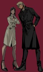 1boy 1girl ace_attorney alternate_costume amikoiiko ankle_bow ankle_ribbon apollo_justice:_ace_attorney belt belt_buckle black_bow black_coat black_necktie black_pants blonde_hair blue_eyes bow brown_hair buckle buttons calves closed_mouth coat collared_shirt commentary criss-cross_strings crossed_arms d&#039;orsay_heels dark-skinned_male dark_skin double-breasted dress_shirt drill_hair earrings ema_skye english_commentary eyewear_on_head full_body glasses grey_eyes hands_in_pockets head_tilt highres initial jewelry klavier_gavin lapels light_smile long_hair long_sleeves looking_at_viewer necktie notched_lapels oxfords pants pink_shirt ponytail red_background red_necktie ribbon shirt short_hair simple_background single_earring sternocleidomastoid_muscle sunglasses trench_coat white_shirt yellow_coat