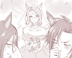 Rule 34 | 3girls, air groove (umamusume), air messiah (umamusume), air shakur (umamusume), aisaka (built in stb), animal ears, bare shoulders, blush, bouquet, bridal veil, closed eyes, commentary request, covering own mouth, crying, dress, eyebrow piercing, face piercing, flower, glasses, holding, holding bouquet, horse ears, horse girl, monochrome, multiple girls, official alternate costume, parted bangs, piercing, portrait, strapless, strapless dress, tears, umamusume, veil, wedding dress, wiping tears