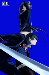 1boy 1girl alternate_costume amikoiiko arm_up black_boots blue_background blue_eyes blue_hair blue_jacket blue_pants boots closed_mouth collared_jacket dual_persona female_byleth_(fire_emblem) fire_emblem fire_emblem:_three_houses highres holding holding_sword holding_weapon jacket long_hair long_sleeves looking_ahead male_byleth_(fire_emblem) midriff nintendo pants popped_collar rapier simple_background sleeve_cuffs standing sword weapon