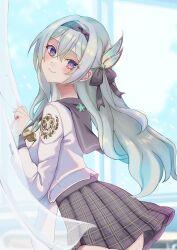 Rule 34 | 1girl, absurdres, black hairband, blush, bug, closed mouth, firefly, firefly (honkai: star rail), firefly (spring missive) (honkai: star rail), grey skirt, hair between eyes, hair ornament, hairband, highres, honkai: star rail, honkai (series), insect, is (aisu), long hair, long sleeves, looking at viewer, looking back, official alternate costume, pink eyes, plaid clothes, plaid skirt, school uniform, shirt, skirt, smile, solo, very long hair, white shirt