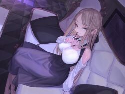 1girl bare_shoulders barefoot black_ribbon blonde_hair blue_eyes breasts cleavage commentary_request couch cushion hair_ribbon holding holding_key jewelry key long_hair looking_at_viewer medium_breasts moco_(moco_28) necklace original parted_bangs ribbon sitting smile solo