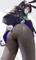 1girl amiya_(arknights) animal_ears arknights ass ass_focus black_jacket black_panties black_pantyhose blue_eyes blue_skirt brown_hair commentary_request from_behind from_below hair_between_eyes hair_intakes highres hood hood_down hooded_jacket huge_ass infection_monitor_(arknights) jacket jewelry long_hair long_sleeves looking_at_viewer material_growth multiple_rings omone_hokoma_agm open_mouth oripathy_lesion_(arknights) panties pantyhose ponytail puffy_long_sleeves puffy_sleeves rabbit rabbit_ears rabbit_tail ring skirt solo tail underwear