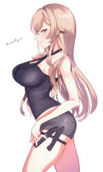 1girl absurdres ass bare_shoulders breasts brown_hair cleavage commentary_request criss-cross_halter finger_to_mouth from_side furen_e_lustario furen_e_lustario_(1st_costume) halterneck highres knife large_breasts long_hair looking_at_viewer midriff nijisanji red_eyes scopedog_12 short_shorts shorts sideboob skindentation smile solo thigh_sheath thighs twitter_username virtual_youtuber