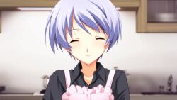 1girl 3d_background apron bird black_shirt blue_hair blush chaos;head chaos;head_love_chu_chu! chicken closed_eyes collarbone facing_viewer frilled_apron frills game_cg happy kishimoto_ayase kitchen matsuo_yukihiro non-web_source official_art pink_apron pink_lips shiny_lips shiny_skin shirt short_hair short_sleeves skirt smile solo standing swept_bangs