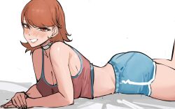 Rule 34 | 1girl, absurdres, alternate costume, ass, bare shoulders, blue shorts, blush, breasts, brown eyes, brown hair, choker, cleavage, earrings, heart, heart choker, highres, jewelry, large breasts, looking at viewer, lying, nero watch, on stomach, persona, persona 3, pink shirt, pink tank top, shirt, short hair, shorts, smile, solo, stud earrings, takeba yukari, tank top, white choker