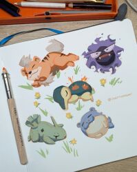 Rule 34 | :3, art tools in frame, closed eyes, closed mouth, commentary, cyndaquil, english commentary, fangs, fire, full body, gastly, gen 1 pokemon, gen 2 pokemon, gen 3 pokemon, grass, growlithe, highres, jodytsengart, larvitar, lying, nintendo, no humans, open mouth, painting (medium), pokemon, pokemon (creature), procreate (medium), sleeping, spheal, traditional media, watercolor (medium)