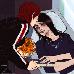 2girls ashley_williams book commander_shepard commander_shepard_(female) flower highres holding holding_book kiss kissing_forehead mass_effect_(series) multiple_girls n7_hoodie official_alternate_costume red_hair ryuuna tumblr tumblr_username yuri