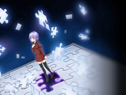 Rule 34 | 1girl, artist request, black ribbon, black sailor collar, black thighhighs, blush, brown shoes, buttons, clenched hand, eyelashes, full body, game cg, hair between eyes, hand on own chest, hozumi shizuku, jewelry, jigsaw puzzle, layered sleeves, long sleeves, looking ahead, magia record: mahou shoujo madoka magica gaiden, mahou shoujo madoka magica, miniskirt, neck ribbon, official art, parted lips, pleated skirt, pocket, purple eyes, purple hair, puzzle, puzzle piece, red shirt, red skirt, ribbon, ring, sailor collar, sankyoin academy school uniform, school uniform, shirt, shoes, short hair, short over long sleeves, short sleeves, skirt, skirt set, solo, space, standing, star (sky), thighhighs, uwabaki, zettai ryouiki
