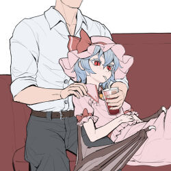 Rule 34 | 1boy, 1girl, bat wings, belt, black pants, blue hair, brown belt, couch, cup, disposable cup, drinking, drinking straw, frilled shirt collar, frills, hand on another&#039;s shoulder, hand on own stomach, hat, highres, holding, holding cup, mob cap, pants, pink hat, pink shirt, pink skirt, puffy short sleeves, puffy sleeves, reclining, red eyes, remilia scarlet, shirt, short hair, short sleeves, skirt, sleeves rolled up, slit pupils, touhou, white shirt, wings, youpofen