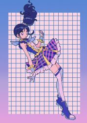 1girl aikatsu! aikatsu!_(series) blue_background blue_dress blue_eyes blue_hair blue_neckerchief blue_scrunchie blue_shoes blue_wrist_cuffs bright_pupils chromatic_aberration dangan_(g7mogmog) dress film_grain floating_hair frilled_cuffs frilled_dress frills full_body gloves gradient_background grid_background hair_ornament hair_scrunchie hand_up highres idol idol_clothes kiriya_aoi medium_dress neckerchief no_nose parted_lips plaid_clothes plaid_dress purple_background scrunchie shoes sidelocks sleeveless sleeveless_dress thighhighs wavy_hair white_gloves white_pupils white_thighhighs wrist_cuffs
