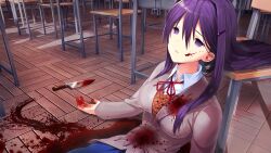 1girl arms_at_sides bags_under_eyes blazer blood blood_on_body blood_on_clothes blood_on_face blood_on_ground blood_on_hands blood_splatter blood_stain blood_trail bloody_knife blue_skirt breasts brown_jacket brown_sweater_vest button_gap buttons classroom collared_shirt corpse day death desk doki_doki_literature_club doki_doki_literature_club_school_uniform dot_nose double-parted_bangs dress_shirt empty_eyes eyebrows_hidden_by_hair fallen_down fingernails game_cg grey_jacket hair_between_eyes hair_intakes hair_ornament hairclip half-closed_eyes highres horror_(theme) impossible_clothes indoors injury jacket knife large_breasts leaning_back leaning_on_object light_smile long_eyelashes long_hair long_sidelocks long_sleeves neck_ribbon non-web_source official_art on_floor open_hands parted_lips pleated_skirt pool_of_blood purple_eyes purple_hair raised_inner_eyebrows red_ribbon ribbon satchely school school_desk school_uniform self-harm shirt sidelocks sitting skirt smile solo spoilers stab suicide sunlight sweater_vest teeth thick_eyelashes upper_body variant_set very_long_hair window_shadow wing_collar wooden_chair wooden_desk wooden_floor yuri_(doki_doki_literature_club)