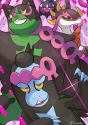 1other 3boys berry_(pokemon) bird black_eyes bright_pupils colored_sclera fezandipiti gen_9_pokemon katsukare legendary_pokemon looking_at_viewer multiple_boys munkidori nintendo no_humans okidogi open_mouth pecharunt pokemon pokemon_(creature) white_pupils yellow_sclera