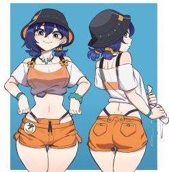 1girl ass bare_shoulders belle_(zenless_zone_zero) black_hat blue_background blue_hair border breasts cleavage commentary cowboy_shot crop_top from_behind green_eyes hat highres hyyun_ho low_twintails midriff multiple_views navel off-shoulder_shirt off_shoulder official_alternate_costume orange_shorts outside_border see-through_cleavage see-through_clothes shirt short_hair short_shorts short_sleeves shorts simple_background standing stomach thighs twintails white_border white_shirt zenless_zone_zero