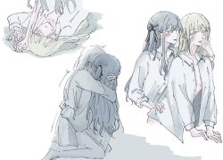 2girls bang_dream! bang_dream!_it&#039;s_mygo!!!!! bite_mark bite_mark_on_thigh blue_hair blush collared_shirt commentary green_hair highres kiss licking_another&#039;s_finger long_hair multiple_girls open_clothes open_shirt parted_lips shirt simple_background sitting sitting_on_lap sitting_on_person straddling sweat togawa_sakiko toto_rabpit3 two_side_up wakaba_mutsumi white_background white_shirt yellow_eyes yuri