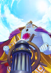 1boy absurdres beard blue_skin chest_tattoo cloud cloudy_sky colored_skin curly_eyebrows facial_hair fish_boy high_ponytail highres jinbe_(one_piece) konnybee long_hair male_focus multicolored_hair one_piece open_mouth outdoors ponytail scar scar_across_eye scar_on_face sharp_teeth ship&#039;s_wheel sky solo sun sun_symbol sun_tattoo tan tattoo teeth two-tone_hair