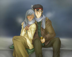 1boy 1girl black_eyes black_hair blush can code_geass couple dark_skin dress headband hetero hug jacket long_hair ohgi_kaname scarf short_hair silver_hair sitting skirt uzura_(suzukane) villetta_nu yellow_eyes