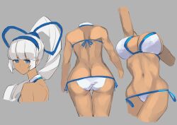 1girl arm_up armpits ass bikini blue_eyes breasts bursting_breasts butt_crack cleavage coveredcore curvy dark-skinned_female dark_skin expressionless hair_ribbon highres large_breasts legs long_hair looking_at_viewer majikina_mina multiple_views navel ribbon samurai_spirits side-tie_bikini_bottom snk solo swimsuit themanyoukilled thighs toned white_bikini white_hair
