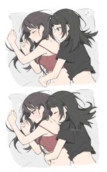 2girls bang_dream! bang_dream!_it&#039;s_mygo!!!!! black_hair black_shirt blue_eyes brown_hair camisole closed_eyes closed_mouth commentary_request cuddling hickey highres hug hug_from_behind lehcar licking licking_another&#039;s_neck long_hair mole mole_under_eye multiple_girls notice_lines on_bed pillow purple_eyes red_camisole shiina_taki shirt short_sleeves sleeping waking_up yahata_umiri yuri