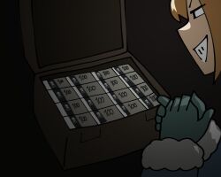 1girl blonde_hair briefcase fur_trim girls&#039;_frontline girls&#039;_frontline_2:_exilium gloves grinding money my_summer_car pile_of_money ping_sama rubbing_hands_together simple_background smile suomi_(girls&#039;_frontline) suomi_(girls&#039;_frontline_2)