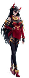 1girl absurdres bare_shoulders black_hair black_thighhighs bow bowtie broken_horn commission detached_sleeves dress full_body hair_between_eyes hand_on_own_hip high_heels highres horns long_hair looking_at_viewer original red_dress red_eyes red_horns red_shoes red_sleeves shoes simple_background sleeveless sleeveless_dress solo standing thighhighs very_long_hair white_background yellow_bow yellow_bowtie yeonrizee