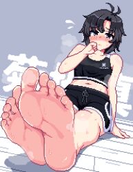1girl antenna_hair arm_support bare_arms bare_legs bare_shoulders barefoot black_hair black_shorts black_sports_bra blush character_name collarbone dolphin_shorts feet flying_sweatdrops foot_focus hothot148 idolmaster idolmaster_million_live! kikuchi_makoto looking_at_viewer navel nose_blush outstretched_legs pixel_art shorts sitting soles solo sports_bra steaming_body sweat toes