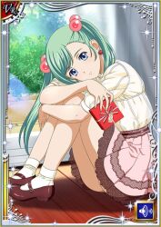 1girl aqua_eyes blue_eyes card_(medium) closed_mouth day dress eyebrows female_focus floor full_body gift hair_bobbles hair_ornament holding ikkitousen looking_at_viewer magatama official_art shoes shokatsuryou_koumei short_sleeves sitting socks solo swept_bangs white_socks