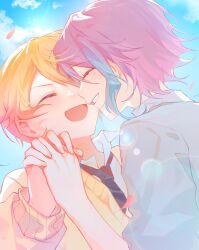 Rule 34 | 2boys, ^ ^, aqua hair, arm up, black necktie, blonde hair, closed eyes, cloud, collared shirt, commentary, gag1tdiucvpteok, grin, hair behind ear, hashtag-only commentary, highres, holding hands, interlocked fingers, kamishiro rui, kamiyama high school uniform (project sekai), male focus, multicolored hair, multiple boys, necktie, open collar, open mouth, parted bangs, project sekai, purple hair, school uniform, shirt, short hair, sky, smile, streaked hair, sweater, teeth, tenma tsukasa, upper body, white shirt, yaoi, yellow sweater