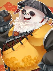 1boy animal_ears artist_name belly black_fur blush bracelet chinese_clothes claws commentary_request fangs fat fat_man food furry furry_male highres holding holding_food jewelry looking_at_viewer male_focus multicolored_fur open_mouth pan_yinhu panda_boy panda_ears pao_1p pawpads shirt signature smile spiked_bracelet spikes white_fur wok yellow_shirt zenless_zone_zero