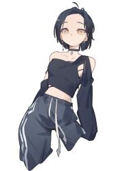 1girl ahoge arms_at_sides bare_shoulders black_choker black_hair black_tank_top breasts choker closed_mouth collarbone commentary contrapposto crop_top cropped_legs cropped_shirt curtained_hair detached_ahoge detached_sleeves drawstring earrings grey_pants highres jewelry kamatpit long_sleeves looking_at_viewer medium_breasts midriff mole mole_under_eye multiple_earrings navel orange_eyes orange_pupils original pants parted_bangs pendant_choker raised_eyebrows short_hair simple_background single_strap solo standing striped_clothes striped_pants tank_top torn_clothes torn_tank_top vertical-striped_clothes vertical-striped_pants white_background