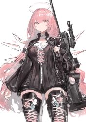 1girl absurdres arknights black_boots black_jacket boots chinese_commentary closed_mouth commentary_request grey_halo gun hair_between_eyes halo highres holding_strap jacket laoshi_wo_hao_e lemuen_(arknights) long_hair long_sleeves looking_at_viewer pink_eyes pink_hair rifle simple_background sketch sniper_rifle solo thigh_boots traditional_halo very_long_hair weapon white_background zipper