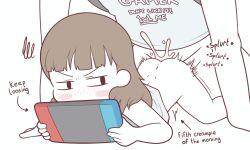 1boy 1girl ^^^ anatomy_of_a_gamer_(meme) arm_rest arrow_(symbol) ass bare_arms black_eyes blunt_bangs blush blush_stickers borrowed_character bottomless brown_hair child_gf_(orenji) clothes_writing colored_skin commentary cum cum_in_pussy dimples_of_venus dress english_commentary english_text feet_out_of_frame handheld_game_console head_out_of_frame hetero highres holding holding_handheld_game_console loli long_hair looking_to_the_side lying multitasking nintendo_switch nose_blush on_stomach original playing_games prone_bone sex sex_from_behind simple_background solo_focus sound_effects squiggle team_pervy typo v-shaped_eyebrows white_background white_dress white_skin