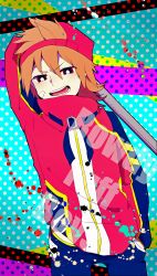 1boy absurdres aged_down arm_behind_head bat_(animal) brick_(ppg) hat highres jacket looking_at_viewer male_focus multicolored_background open_mouth orange_hair pants powerpuff_girls_z red_eyes red_jacket rowdyruff_boys smug solo sweatpants upper_body