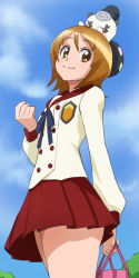 10s 1girl bag brown_eyes brown_hair happinesscharge_precure! haruyama_kazunori oomori_yuuko phanphan_(happinesscharge_precure!) phantom_(happinesscharge_precure!) precure red_skirt school_uniform short_hair skirt smile