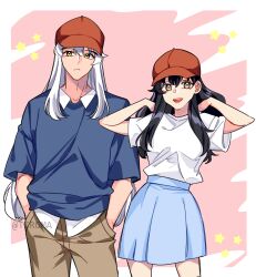 1boy 1girl absurdres baseball_cap black_hair blue_shirt blue_skirt border brown_eyes brown_pants casual closed_mouth collared_shirt contemporary cowboy_shot hair_between_eyes hands_in_own_hair hands_in_pockets hat highres higurashi_kagome inuyasha inuyasha_(character) long_hair open_mouth pants pink_background red_hat shirt shirt_tucked_in shirt_under_shirt sidelocks skirt smile t-shirt tiroma twitter_username white_border white_hair white_shirt yellow_eyes