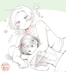 2girls absurdres age_difference blush closed_eyes highres jewelry lying midriff multiple_girls navel onee-loli original pale_color pillow short_hair takeno_(takenoo2) yuri