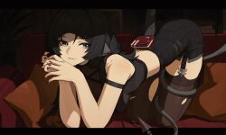 1girl absurdres animal_ears black_hair black_shorts brown_thighhighs garter_straps high-waist_shorts highres jane_doe_(zenless_zone_zero) long_tail mouse_ears mouse_girl mouse_tail nail_polish omenstar original pantyhose red_nails sharp_tail shorts single_garter_strap single_thighhigh solo tail tail_around_own_leg thighhighs torn_clothes torn_pantyhose zenless_zone_zero