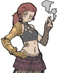 1girl biohazard_symbol cigarette contemporary cowboy_shot crop_top ear_piercing elden_ring fingerless_gloves fishnet_gloves fishnet_pantyhose fishnets flat_chest gloves halterneck hand_on_own_hip highres holding holding_cigarette millicent_(elden_ring) miniskirt navel_piercing pantsu-ripper pantyhose piercing plaid_clothes plaid_skirt pleated_skirt ponytail prosthesis prosthetic_arm red_hair single_fingerless_glove skirt smoke solo stomach_tattoo suspenders_hanging tattoo yellow_eyes