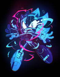 1boy animal_nose artist_name black_background blue_eyes commentary electricity energy english_commentary fang full_body furry furry_male gloves highres looking_at_viewer male_focus open_mouth ringed_eyes shoes simple_background solo sonic_(series) sonic_frontiers sonic_the_hedgehog spoilers starrjoy super_sonic super_sonic_cyber teeth tongue upper_teeth_only v-shaped_eyebrows